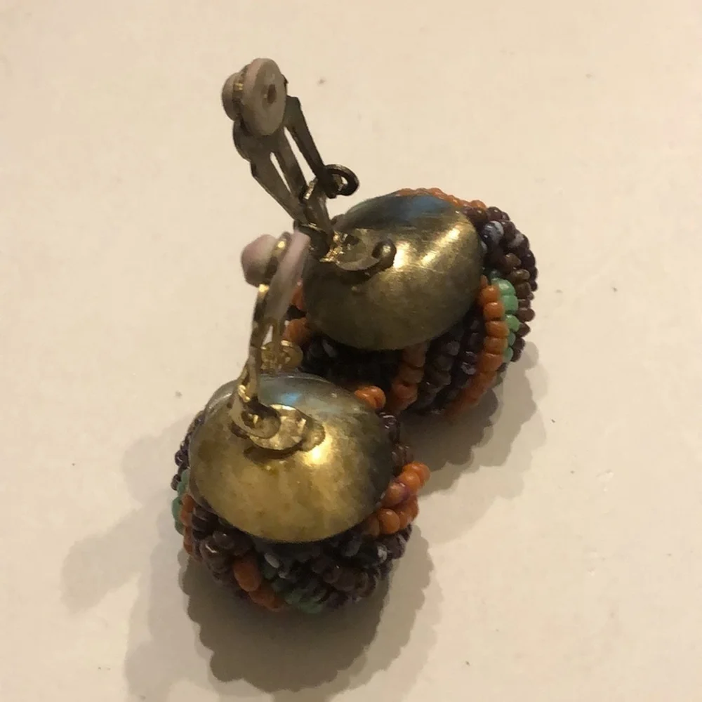 Vintage Round Seed Bead Neutral Tone Beaded Clip On Earrings
